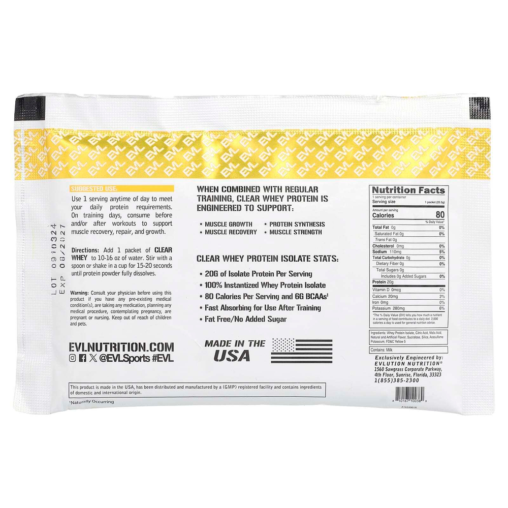 EVLution Nutrition, Clear Whey, 100% изолят сывороточного протеина, персик и манго, 3 штуки, 25,5 г (0,9 унции)