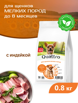 Корм сухой для щенков мелких пород, с индейкой, 800 гр, QUATTRO