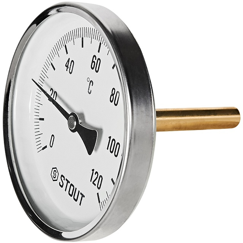 Термометр биметаллический аксиальный STOUT - 1/2" (D100мм, шкала 0-120°C, с гильзой 75 мм)