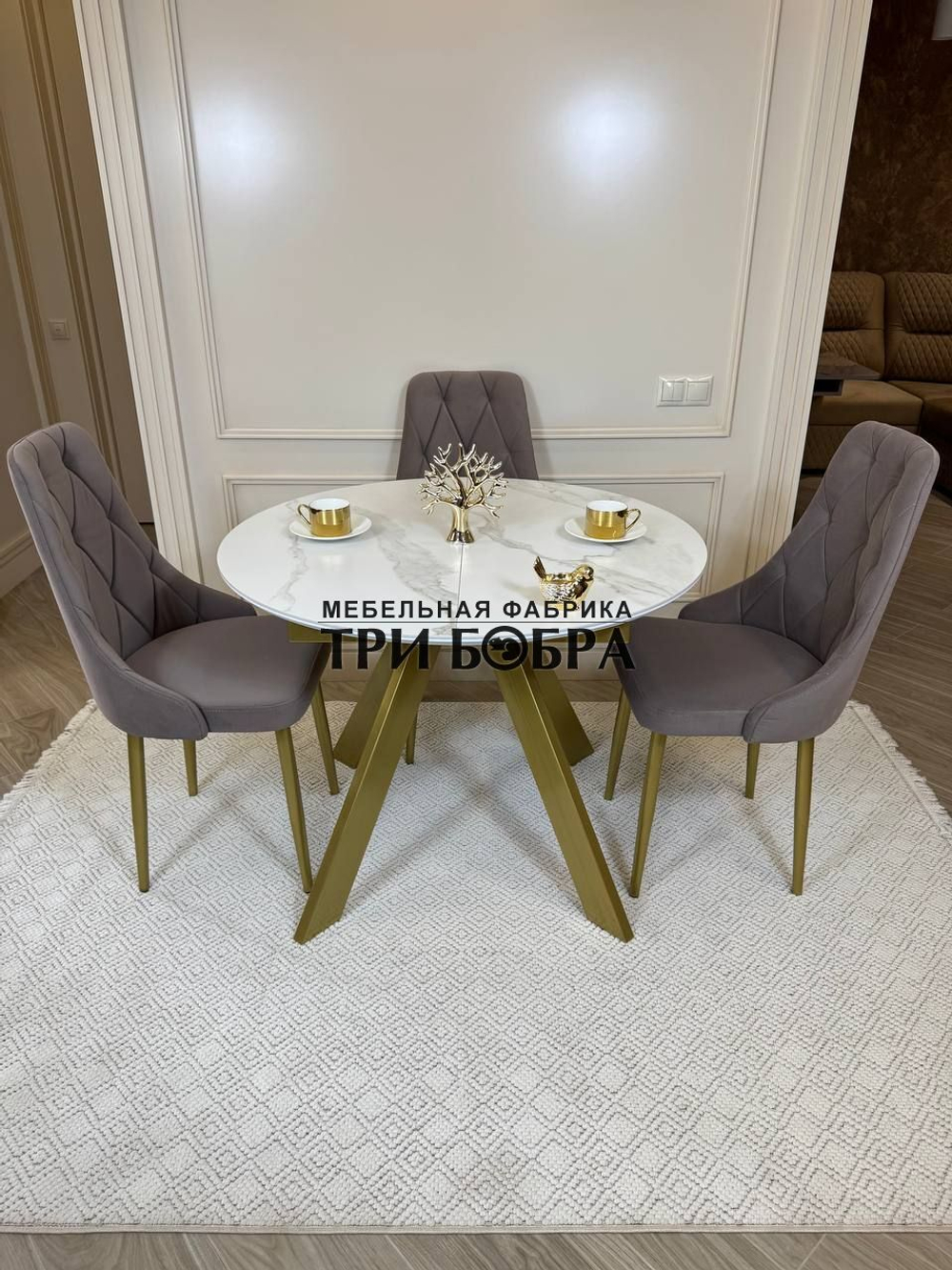Круглый раздвижной стол "Бонжур", керамогранит, белый мрамор и стулья "Лондон"