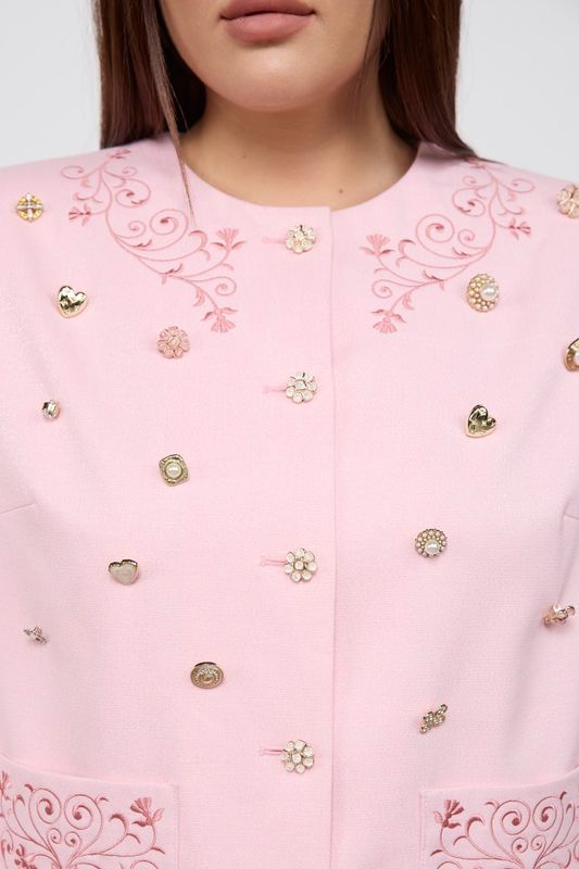 Жакет укороченный с вышивкой и отделкой пуговицами, розовый