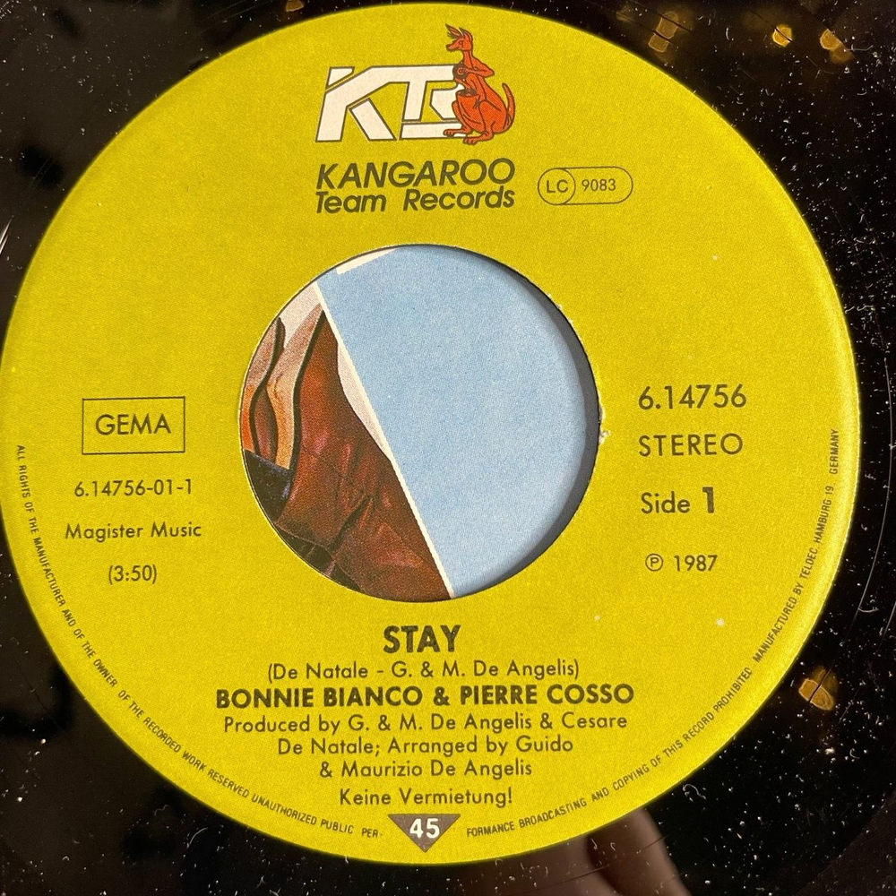 Винтажная виниловая пластинка LP Bonnie Bianco and Pierre Cosso Stay, No Tears Anymore (Germany 1987) 7 дюймов, 45 RPM, Single