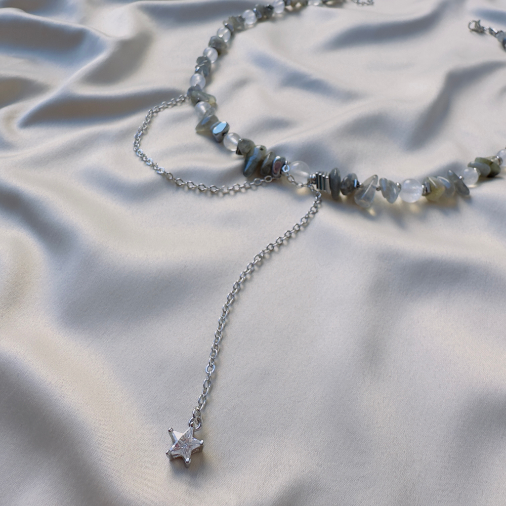 Колье «Лунная Комета» — лабрадорит, адуляр и гематит