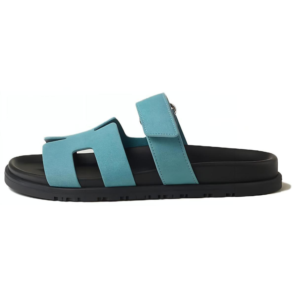 Hermes Goatskin round toe open Toe Slippers Women's Blue, H222297Z 6H3