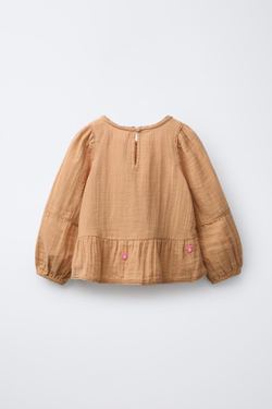 ZARA БЛУЗКА С ТЕКСТУРНОЙ ВЫШИВКОЙ В ВИДЕ ЦВЕТОВ, КАРАМЕЛЬНЫЙ