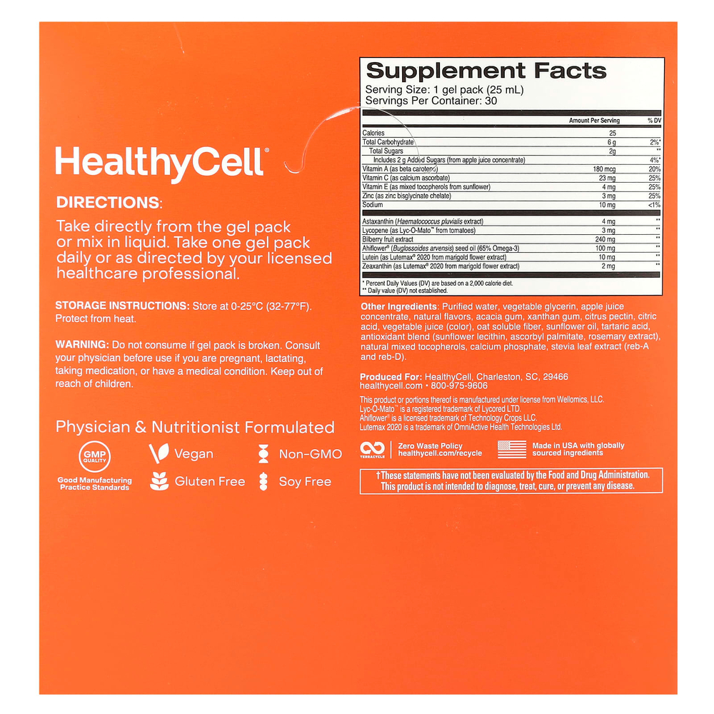 HealthyCell, Eye Health, кровавый апельсин, 30 гелевых пакетиков по 25 мл (0,84 жидк. Унции)