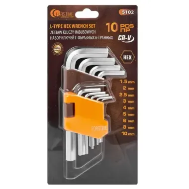 Набор ключей 6-гранных Г-образных 10пр.(1.5, 2, 2.5, 3-6, 8, 10мм)в пластиковом держателе FORSTIME FT-5102