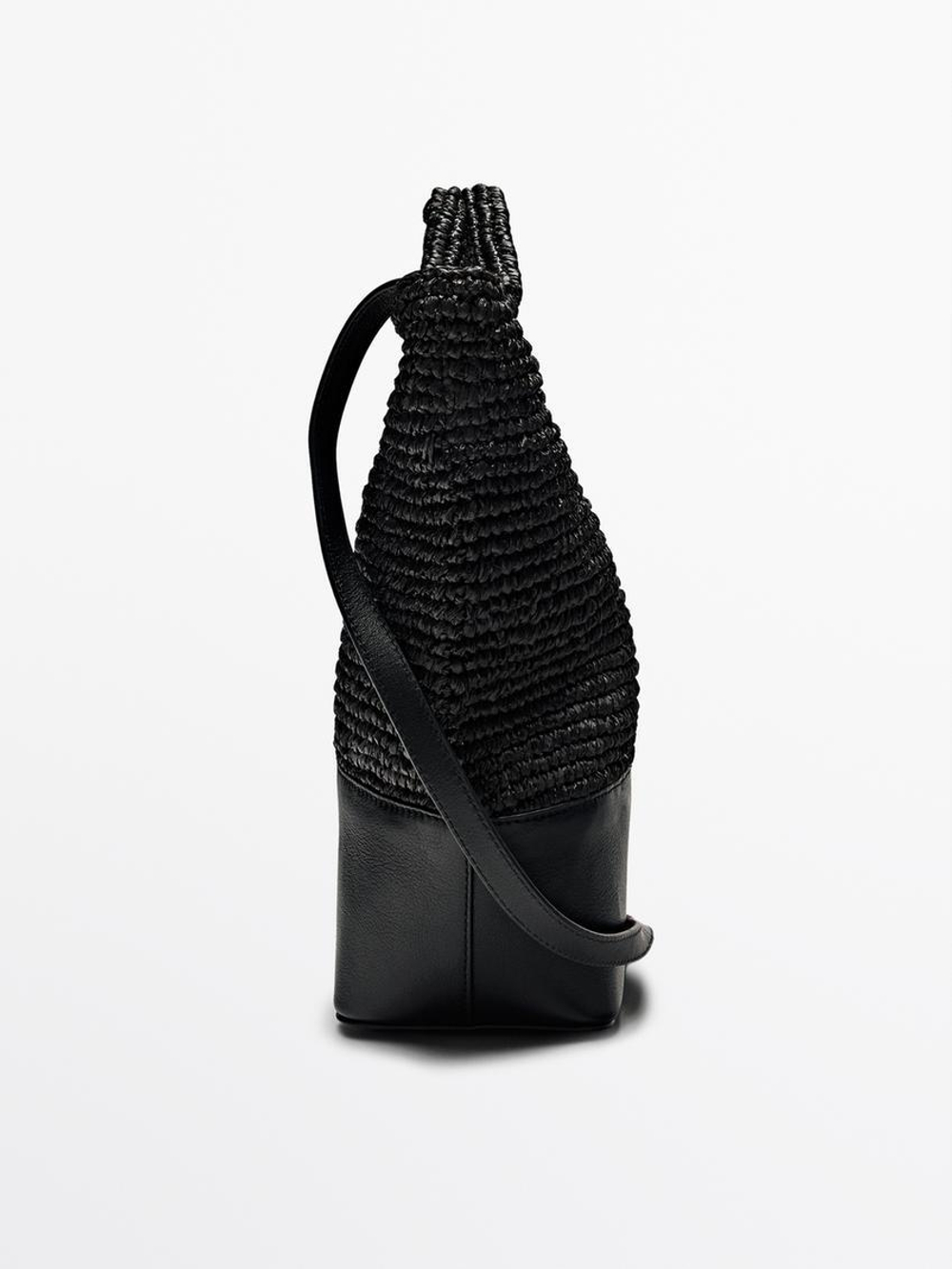 Massimo Dutti Сумка из натуральной рафии с кожаным основанием, черный