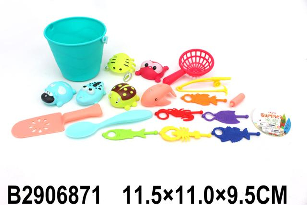 Набор для игры в песок (18 предм.) ведерко, удочка с рыбками, сет.BKQ