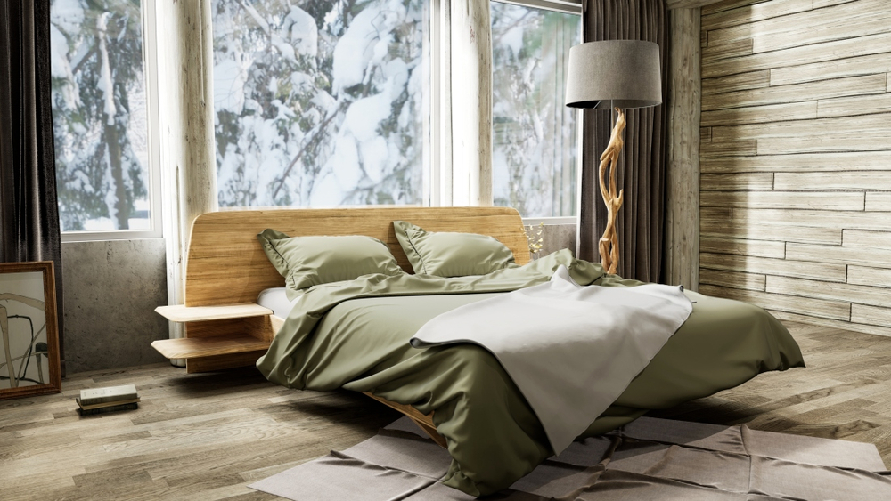 Кровать из массива дуба со встроенными полками Amandi