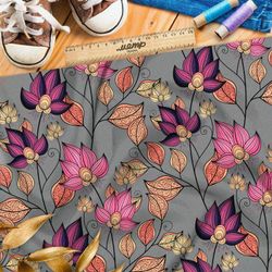 Ткань лён резные яркие цветы и листья на сером фоне