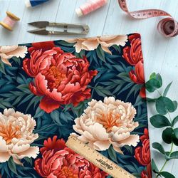 Ткань премиум габардин пионы на сероголубых листьях