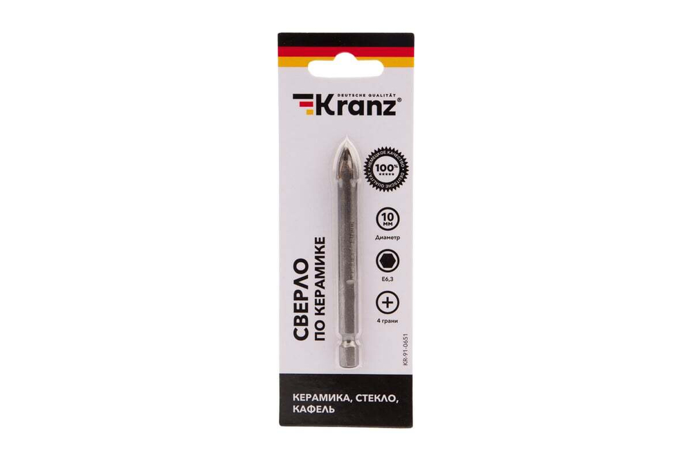 Сверло по стеклу и керамике 10 мм, 4 грани, шестигранный хвостовик KRANZ KR-91-0651