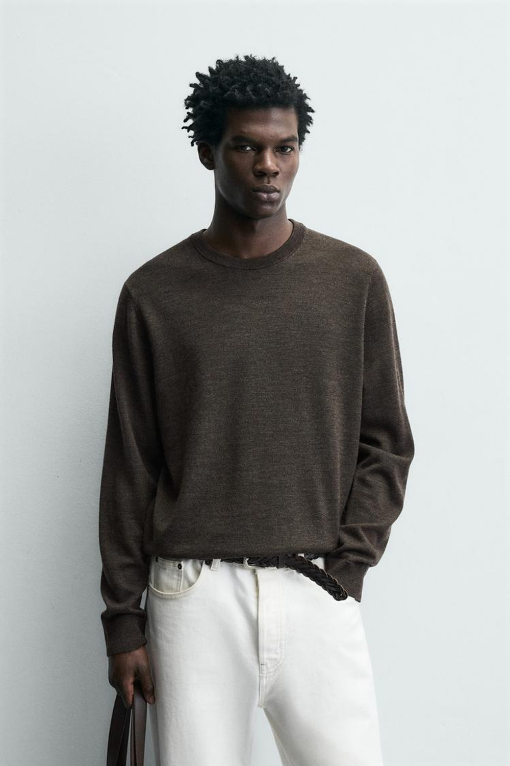 ZARA ШЕРСТЯНОЙ СВИТЕР КЛАССИЧЕСКОГО КРОЯ, КОРИЧНЕВЫЙ МЕЛАНЖ