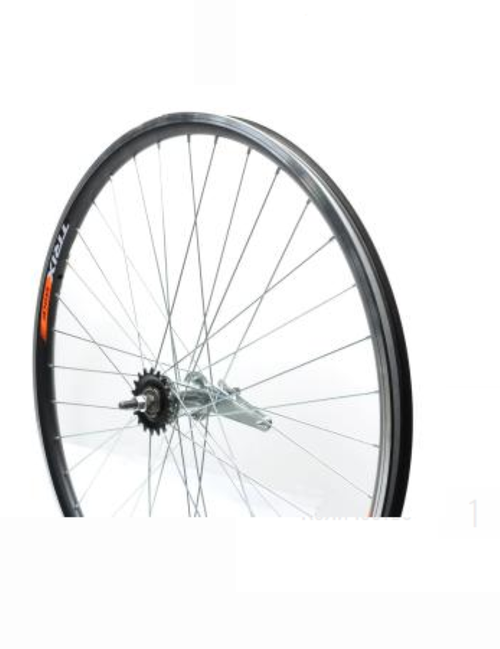 Колесо заднее 24" TRIX, профиль алюминиевый, двойной, 36H, фрезерованный, индикатор износа , 507х19.6/25х29,5мм, A/V, анодированный, черный, втулка стальная с ножным тормозом, 1 скорость, звезда 18 зубьев, гайки, серебристая, спица серебристая