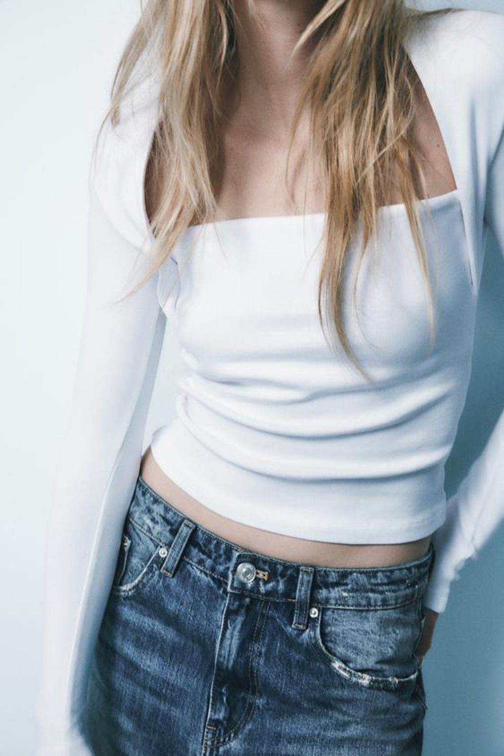 ZARA ТОП В РУБЧИК С КВАДРАТНЫМ ВЫРЕЗОМ, БЕЛЫЙ