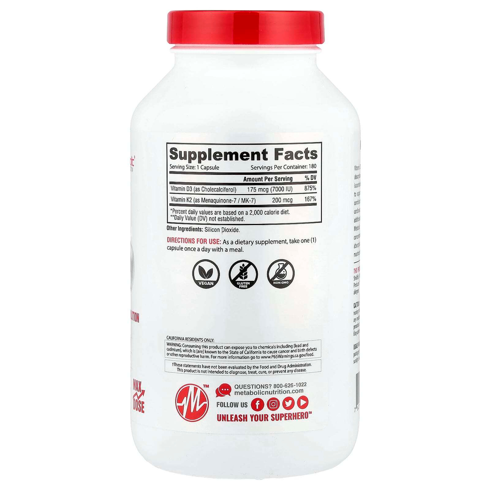 Metabolic Nutrition, витамины D3 и К2, 180 капсул