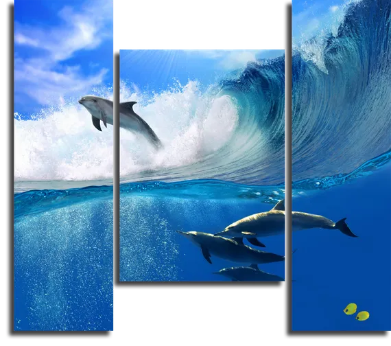 Модульная картина "Группа дельфинов в волнах"