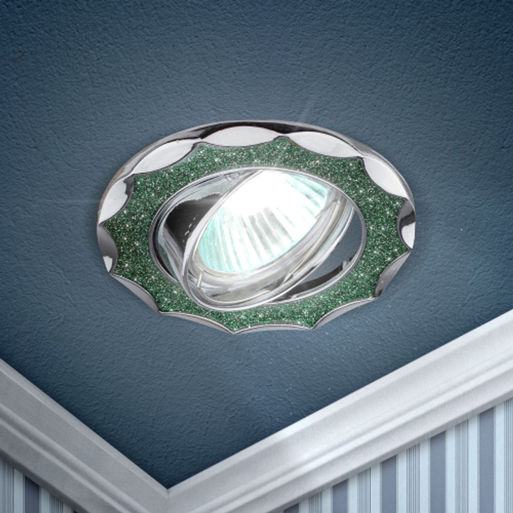 DK17 CH/SH GR Светильник ЭРА декор звезда со стеклянной крошкой MR16,12V/220V, 50W, хром/зеленый | Декоративные встраиваемые светильники