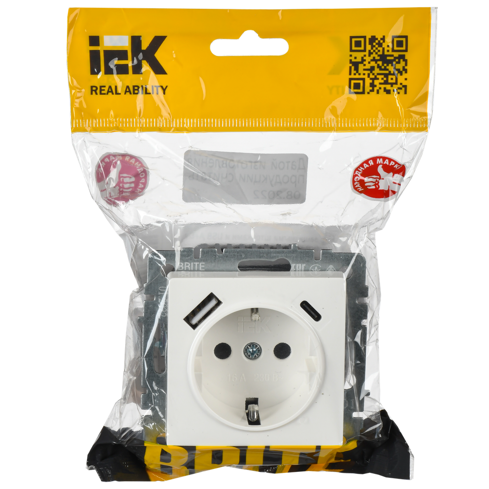 BRITE Розетка 1-местная с заземлением с защитными шторками 16А с USB A+C 18Вт РЮш11-1-БрБ белый IEK