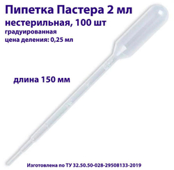 Пипетка для переноса жидкости (Пастера) 2 мл, нестерильная, длина 150 мм, 50 шт