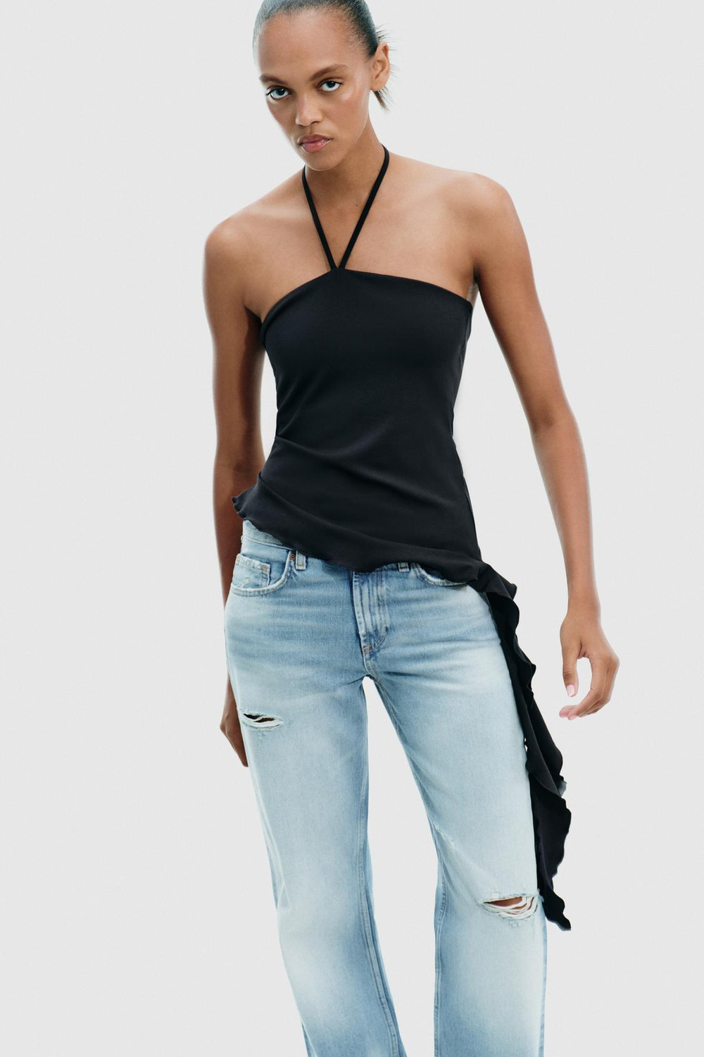 ZARA ТОП С ВОЛАНАМИ, ЧЕРНЫЙ