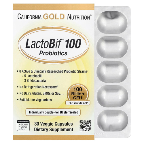 California Gold Nutrition, LactoBif® 100, пробиотики, 100 млрд КОЕ, 30 растительных капсул