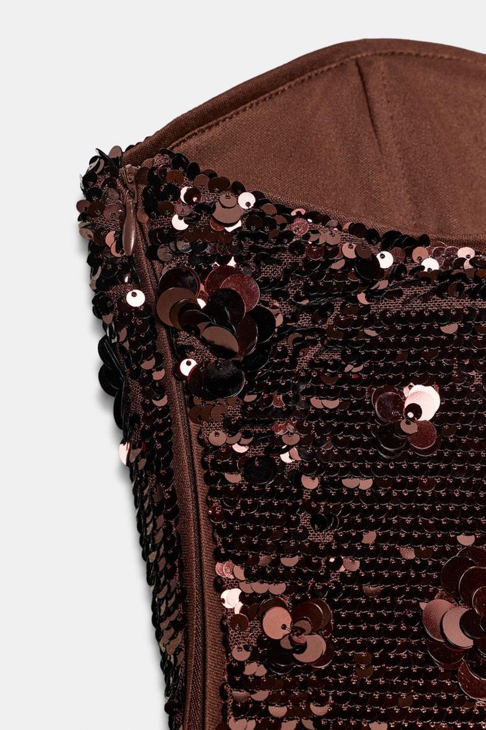 ZARA ТОП БЕЗ БРЕТЕЛЕЙ С ПАЙЕТКАМИ, ТЕМНО-КОРИЧНЕВЫЙ