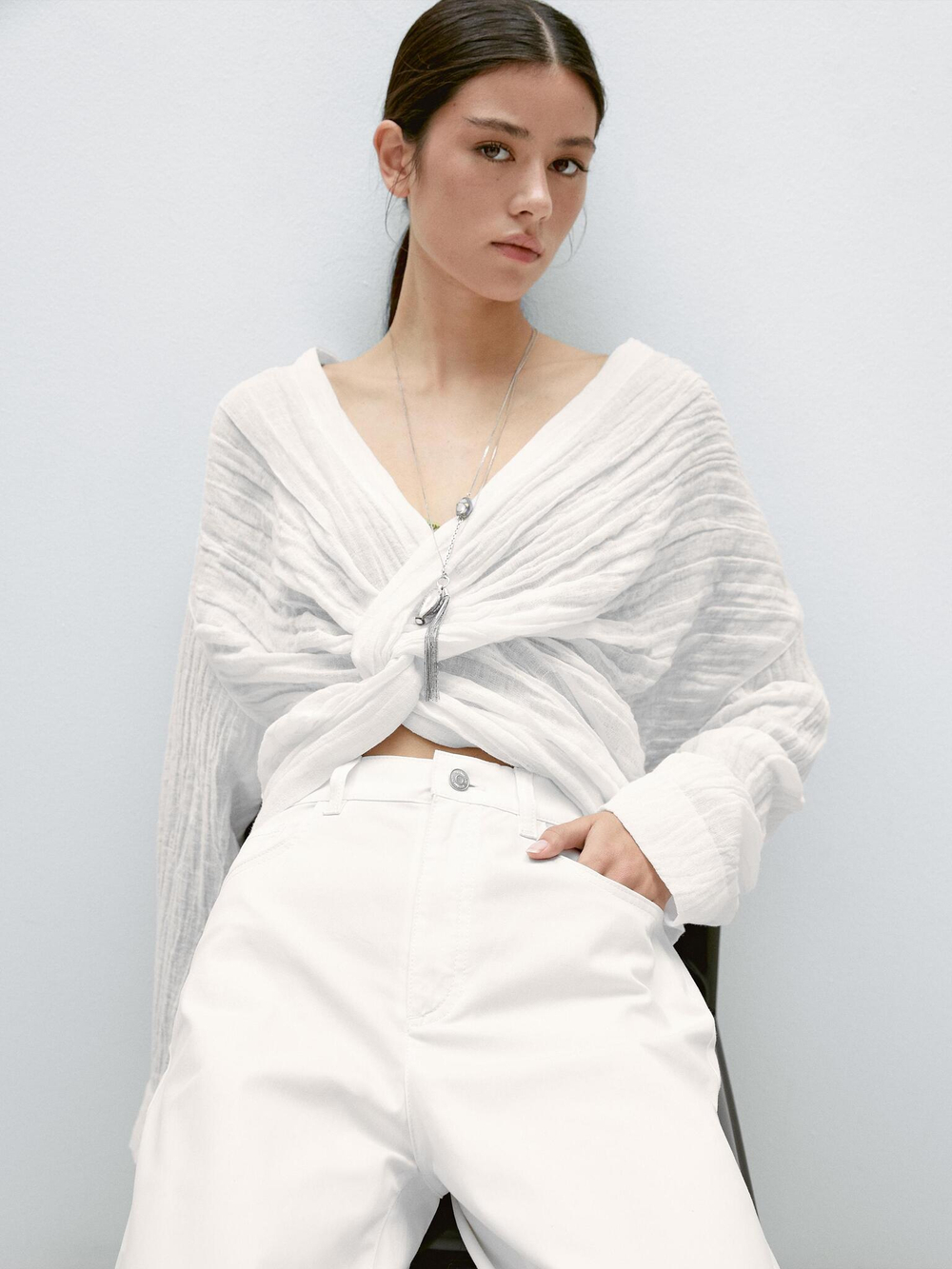 Massimo Dutti Укороченные брюки прямого кроя из хлопковой смеси, белый