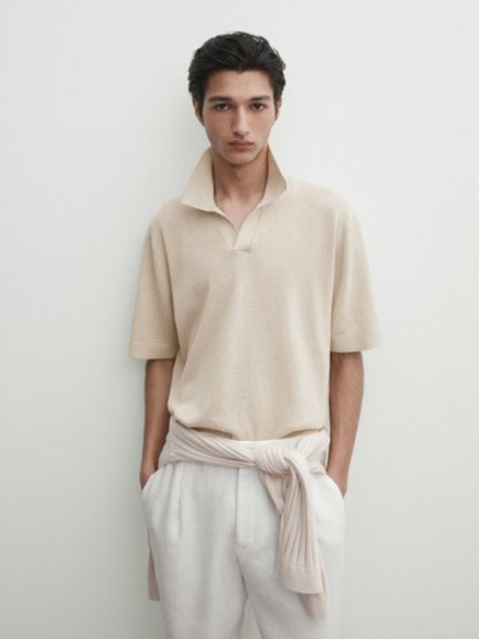 Massimo Dutti Трикотажное поло с короткими рукавами, бежевый