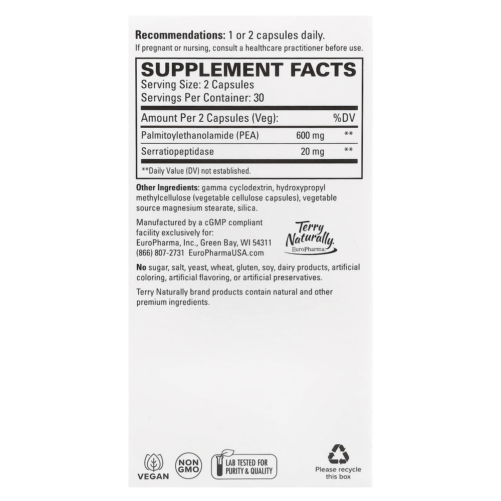 Terry Naturally, ПЭА для здоровой реакции на воспаление с серратиопептидазой, 60 капсул
