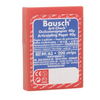 Bausch BK 63 Артикуляционная бумага (Копирка Бауш) 40 микрон, 200 листов, красно-синяя, прямая, BK63