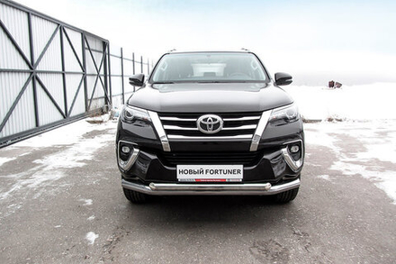 Защита переднего бампера (нержавейка) Toyota Fortuner (2015-2023) d76+d57 (черный)