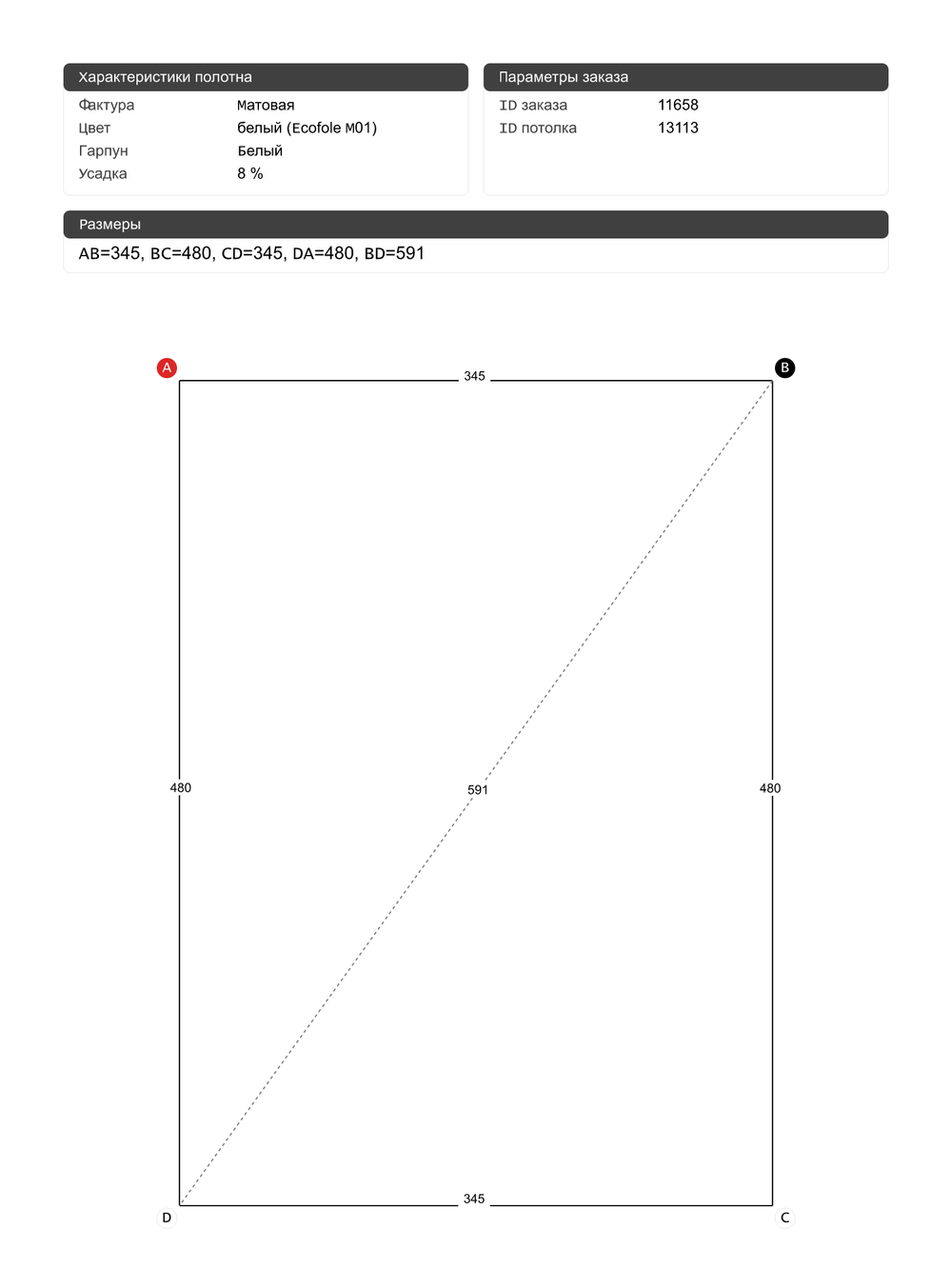 Матовый натяжной потолок 9.7 м2