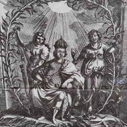 Н/х. «Петр I сидит на троне в короне и в латах». Гравюра, резец. 1884.