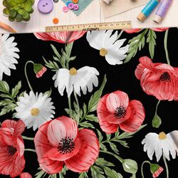 Ткань блэкаут маки на черном