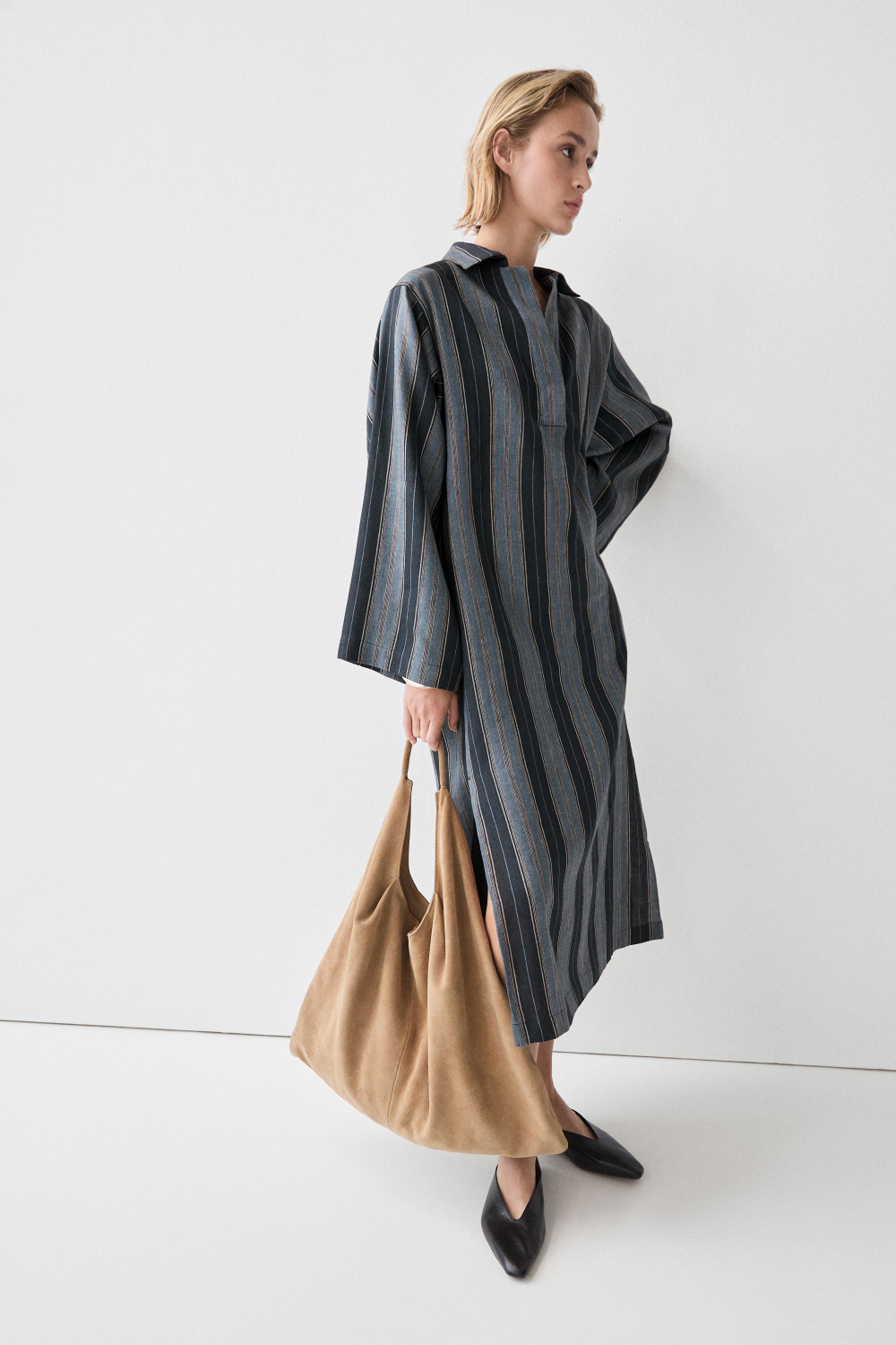 Massimo Dutti Кафтан в полоску из смесового льна и хлопка, синий