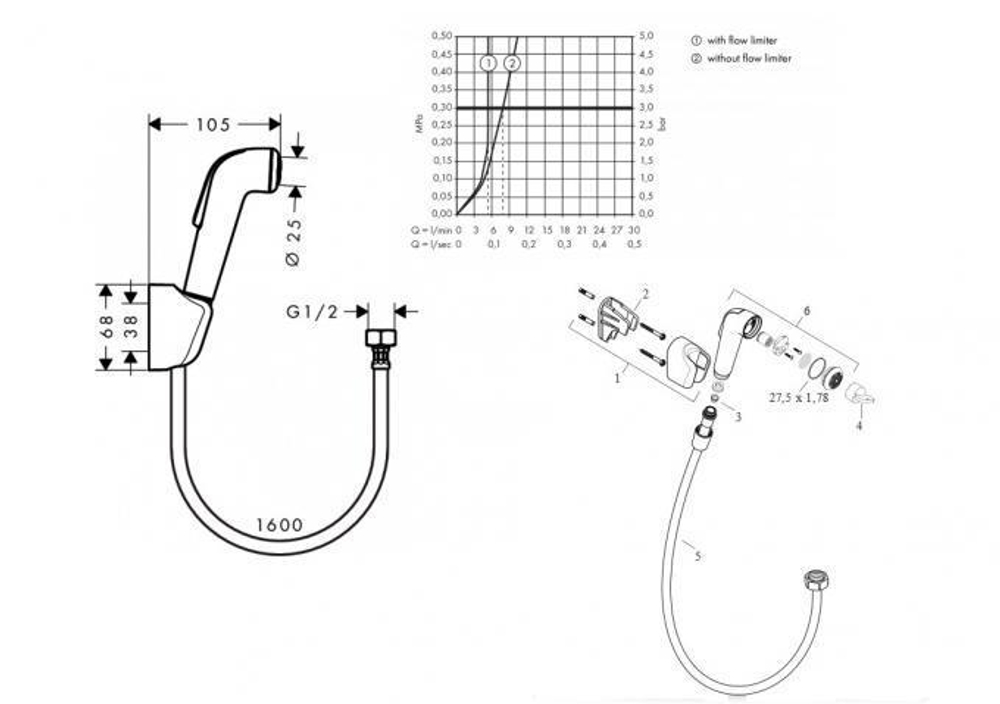 Гигиенический душ, со шлангом 1,6 м и держателем Hansgrohe 32122000