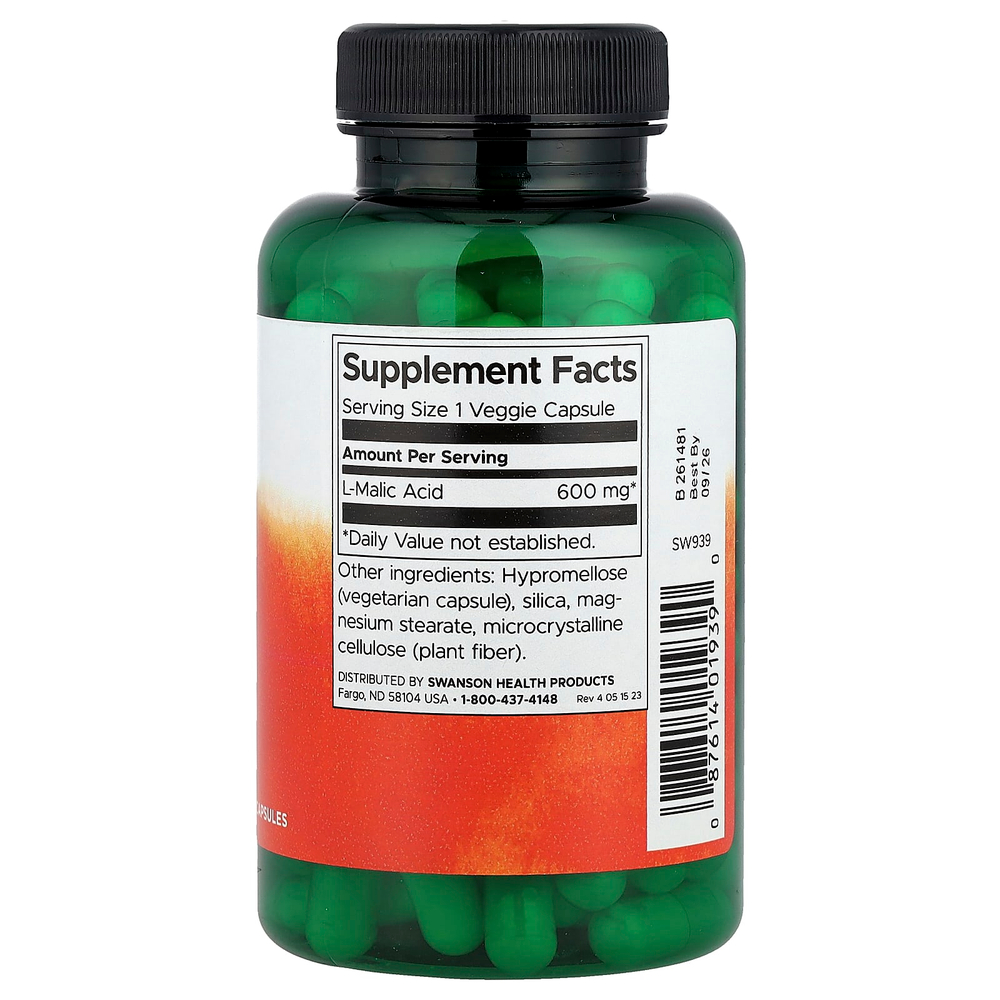 Swanson, яблочная кислота, 600 мг, 100 растительных капсул