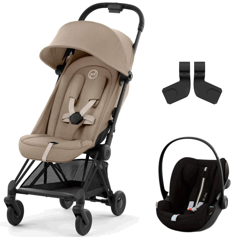 Коляска Cybex Coya Matt Black Frame Cloud G i-Size Moon Black Plus 2 в 1 Cozy Beige с дождевиком и бампером