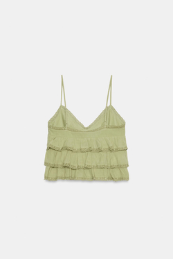 ZARA ТОП С ВЫШИВКОЙ И ВОЛАНАМИ, СВЕТЛО-ЗЕЛЕНЫЙ