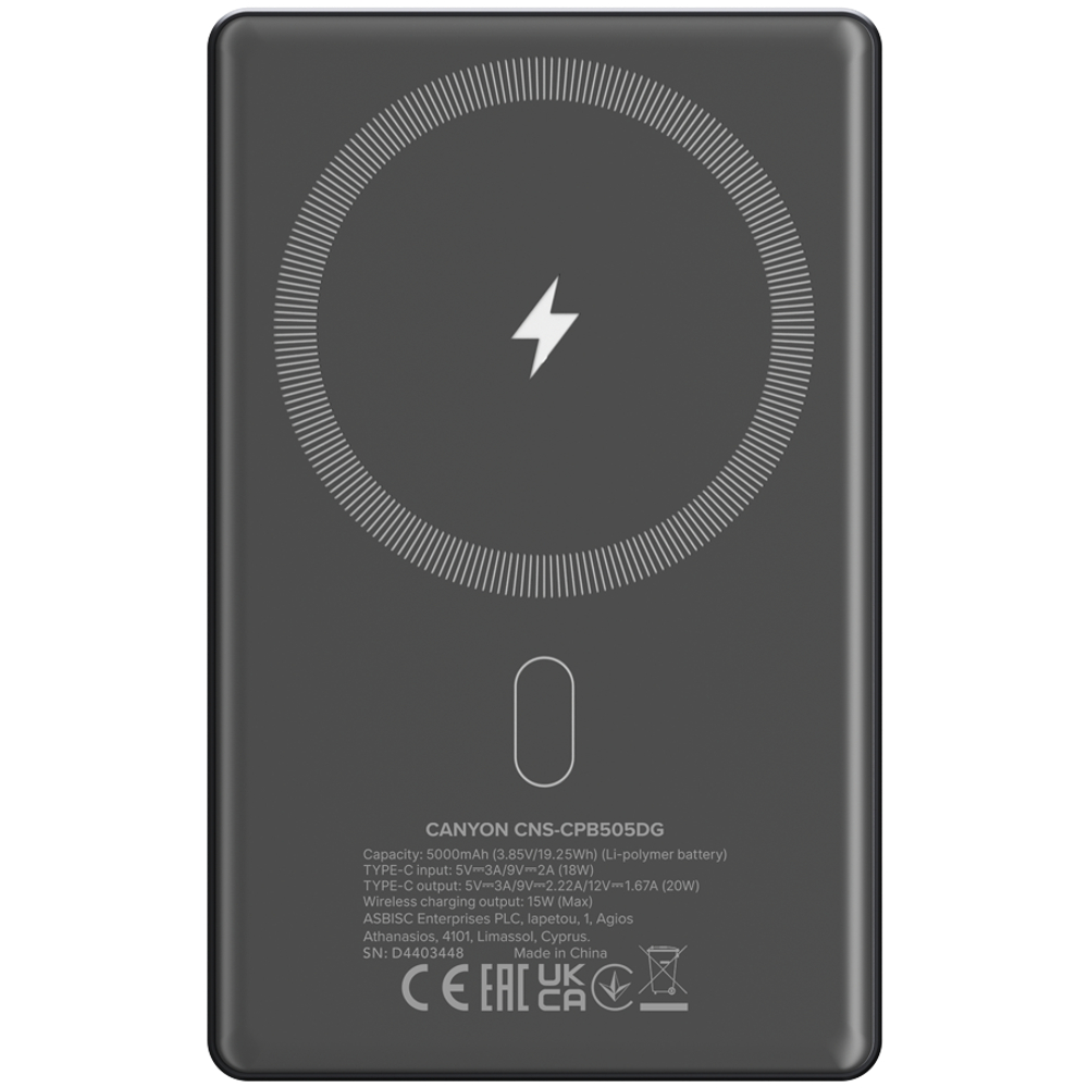 CANYON power bank OnPower 505 slim Magnetic 5000 mAh PD20W Dark Grey
