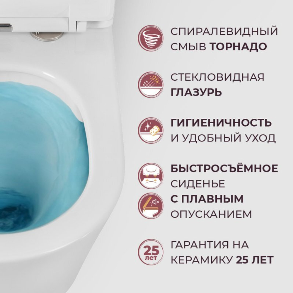 Унитаз подвесной безободковый со смывом Торнадо с сиденьем дюропласт soft close, 53 см