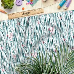 Ткань шелк Армани плотные синеватые листья ивы на белом фоне