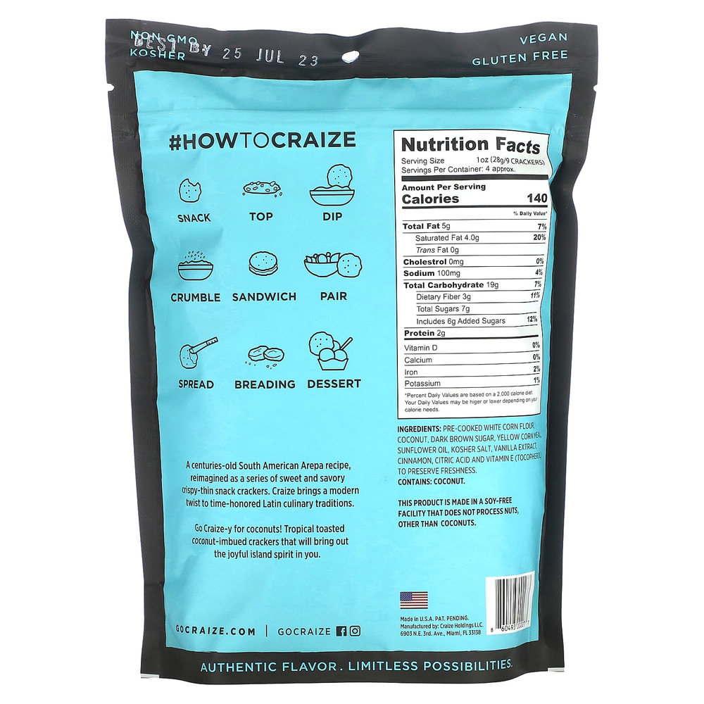 Craize, Обжаренные кукурузные крекеры, с кокосом, 113 г (4 унции)