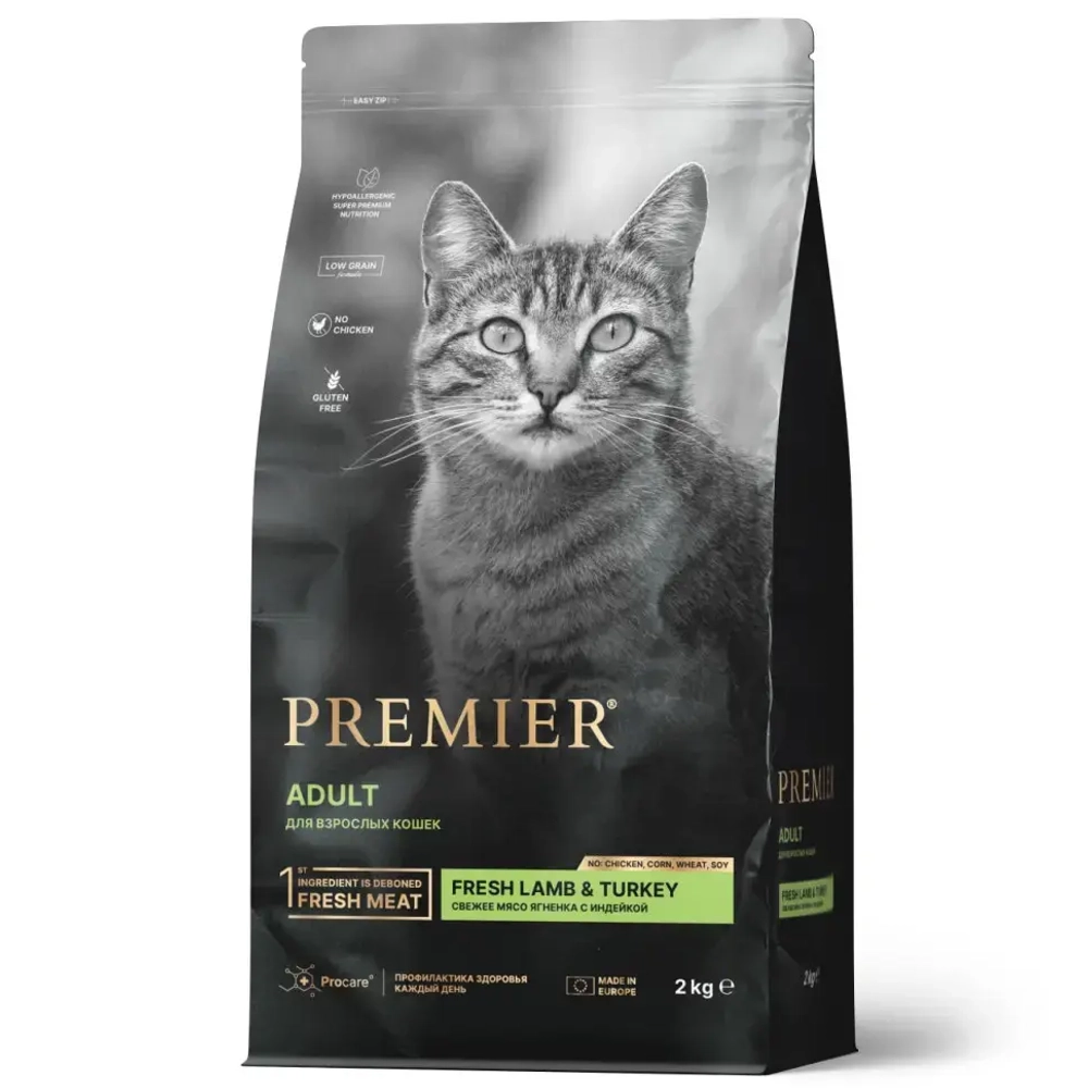 Premier cat lamb & turkey adult сухой корм для взрослых кошек, свежее мясо ягненка с индейкой - 2 кг