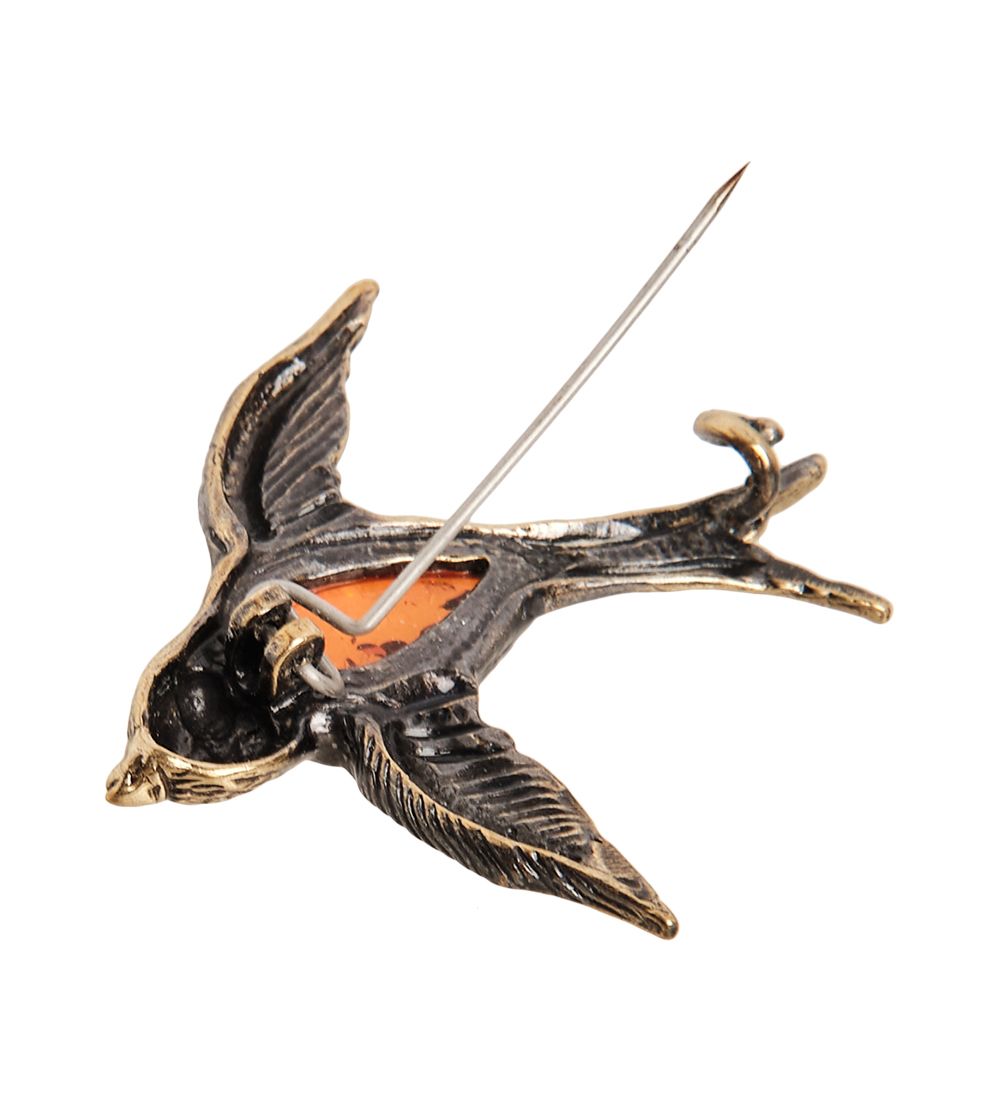 AM- 919 Брошь «Ласточка» (латунь, янтарь)