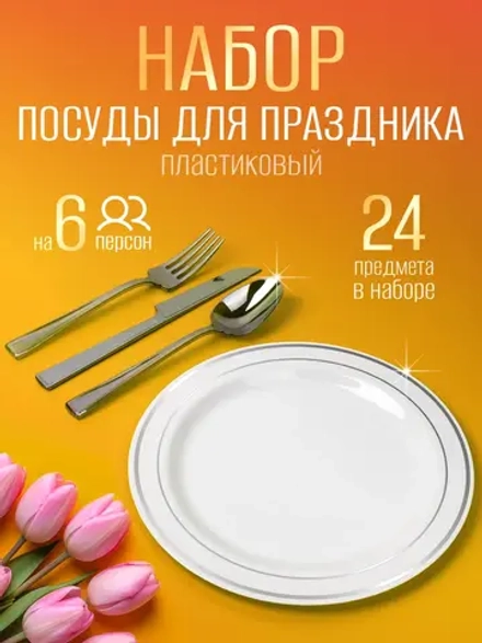 Набор пластиковой посуды "Серебро"с тарелками 23 см 6 персон