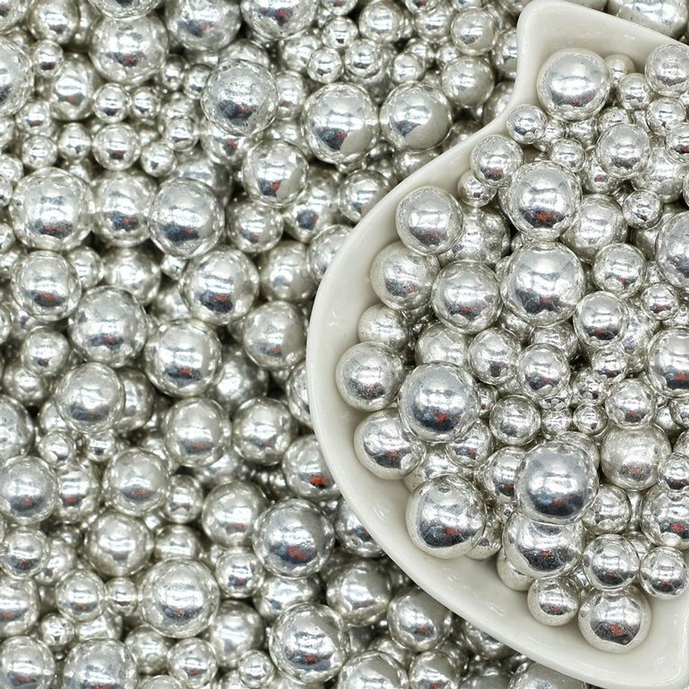 Шарики сахарные серебро микс размеров. 50 гр