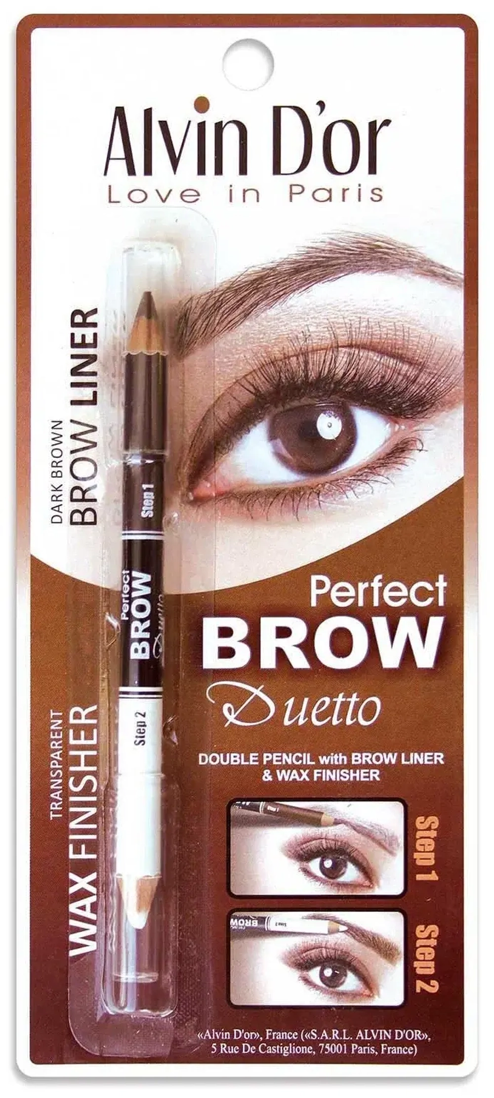 "ALVIN D'OR"Двойной карандаш для бровей тон 02 dark brown (карандаш+воск)